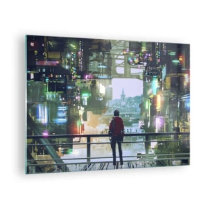 Tablou pe sticlă - O figură pe fundalul unui oraș futurist cu vedere la orașul vechi - 70x50cm - Două lumi - Decorațiune modernă pentru perete pentru living și dormitor ARTTOR
