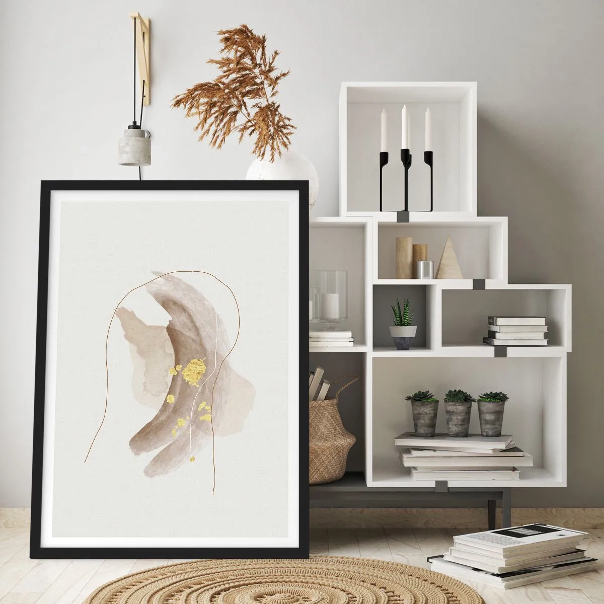 Poster în ramă neagră - Un model abstract bej cu accente aurii delicate. - 50x70cm - Întâlnite în spațiu - Decorațiune modernă pentru perete pentru living și dormitor ARTTOR