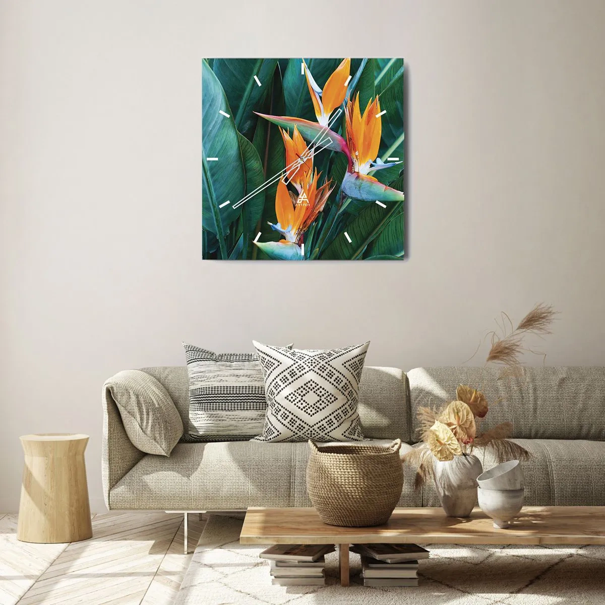 Ceas de perete - Ceas pe sticlă - Este o floare sau o pasăre? - 30x30 cm