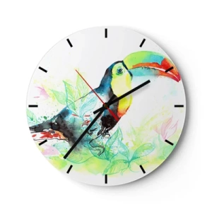 Ceas de perete - Ceas pe sticlă - Toucan pe un fundal de frunze tropicale în culori de acuarelă - 30x30cm - Colorată ca America de Sud - Decorațiune modernă pentru perete pentru living, bucătărie și dormitor ARTTOR