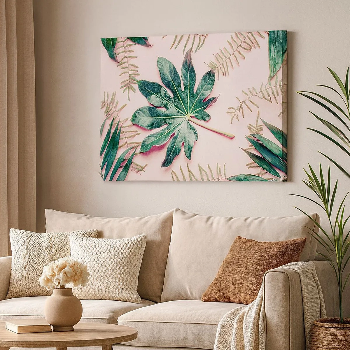 Tablou pe pânză Canvas - Frunze tropicale pe un fundal pastel deschis - 70x50cm - Studiu de verdeață pe un fundal roz - Decorațiune modernă pentru perete pentru living și dormitor ARTTOR