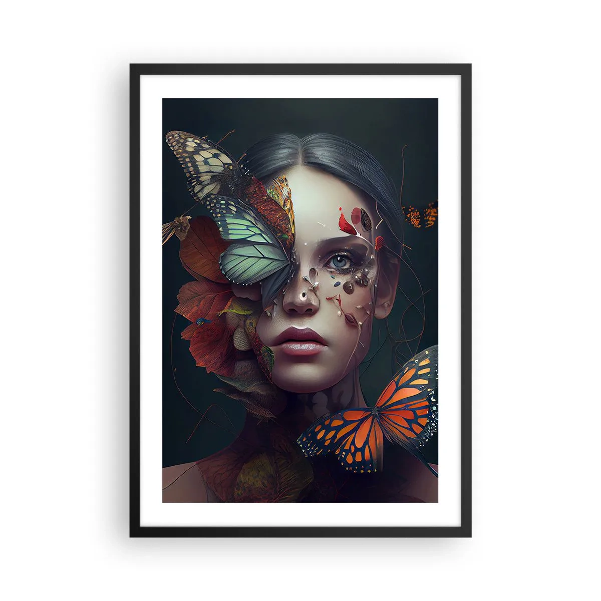 Poster în ramă neagră - Portretul unei femei cu fluturi și frunze - 50x70cm - Transformare minunată - Decorațiune modernă pentru perete pentru living și dormitor ARTTOR