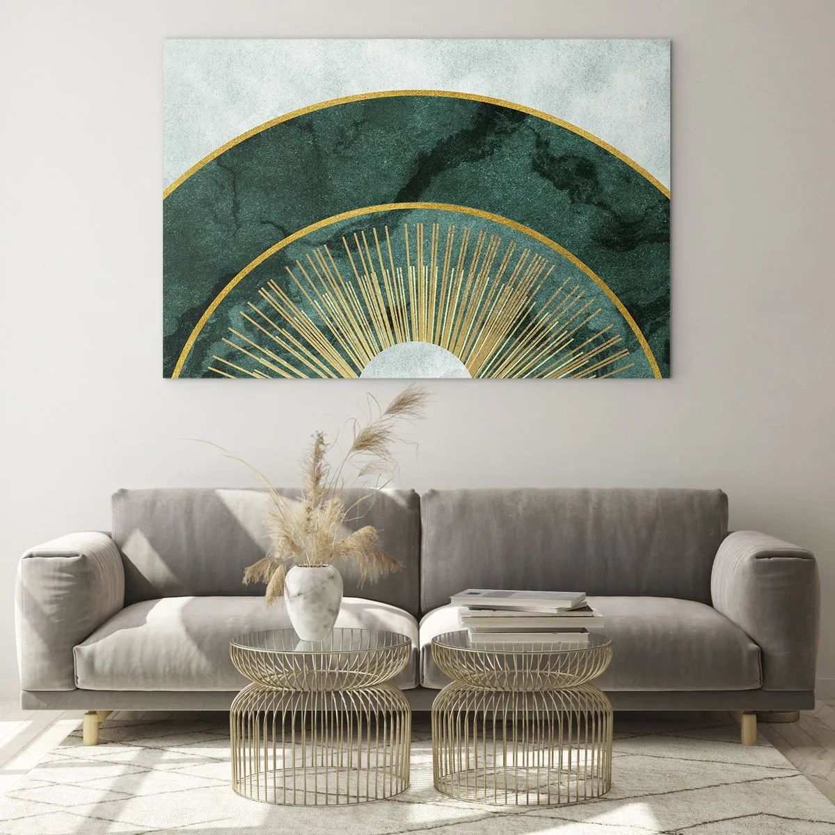 Tablou pe sticlă - Raze aurii pe un fundal de semicercuri verzi cu o structură de marmură - 70x50cm - Un alt sistem solar - Decorațiune modernă pentru perete pentru living și dormitor ARTTOR