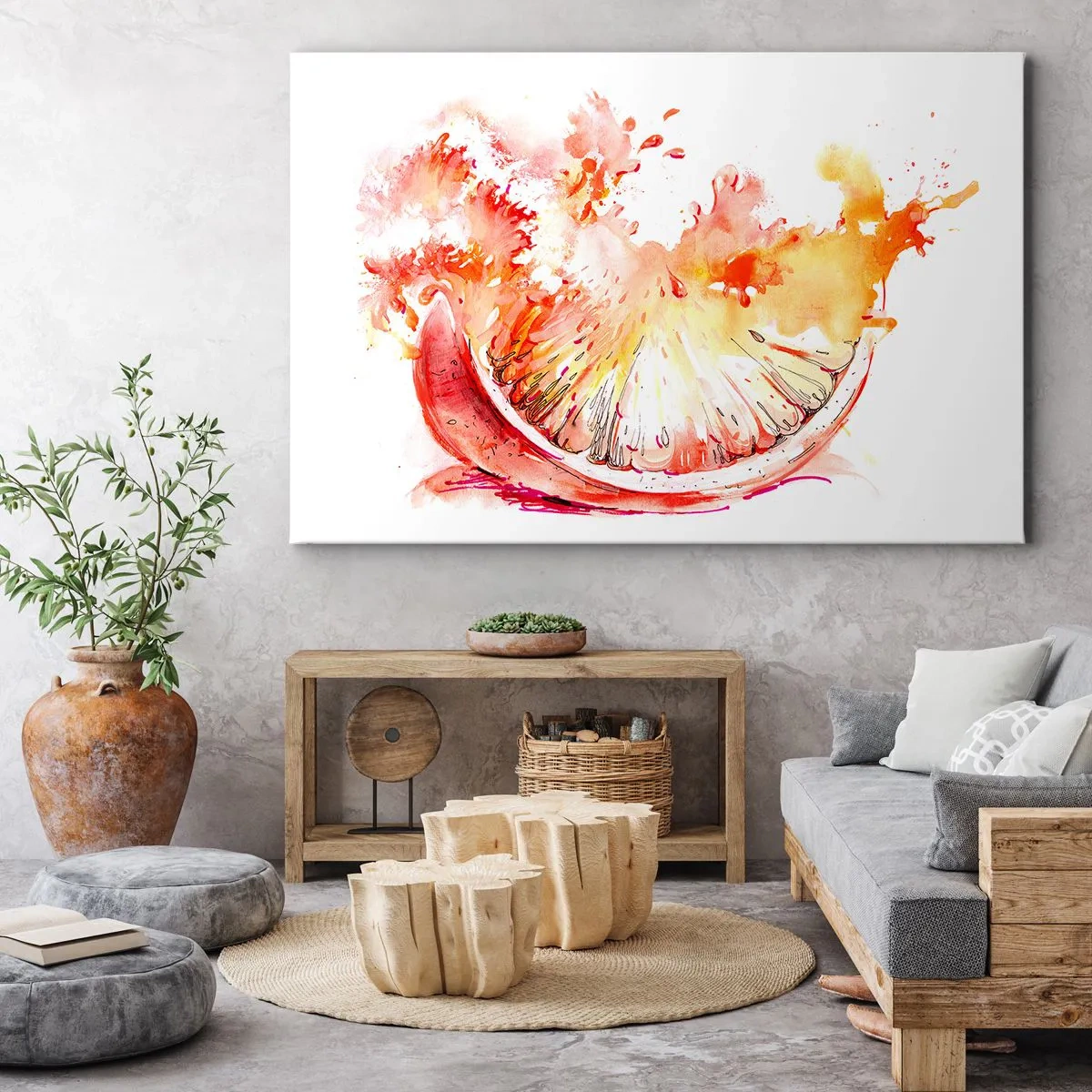 Tablou pe pânză Canvas - felie de grapefruit în acuarelă, în culori vibrante - 70x50cm - Răcoritoare suculentă - Decorațiune modernă pentru perete pentru living și dormitor ARTTOR