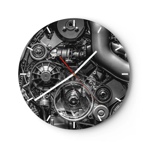 Ceas de perete - Ceas pe sticlă - Detaliu alb-negru al mecanismului unui motor de mașină - 30x30cm - Poezia mecanicii - Decorațiune modernă pentru perete pentru living, bucătărie și dormitor ARTTOR