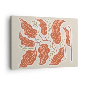Tablou pe pânză Canvas - Un motiv minimalist de frunze în nuanțe de portocaliu și verde. - 70x50cm - Folk și coral - Decorațiune modernă pentru perete pentru living și dormitor ARTTOR
