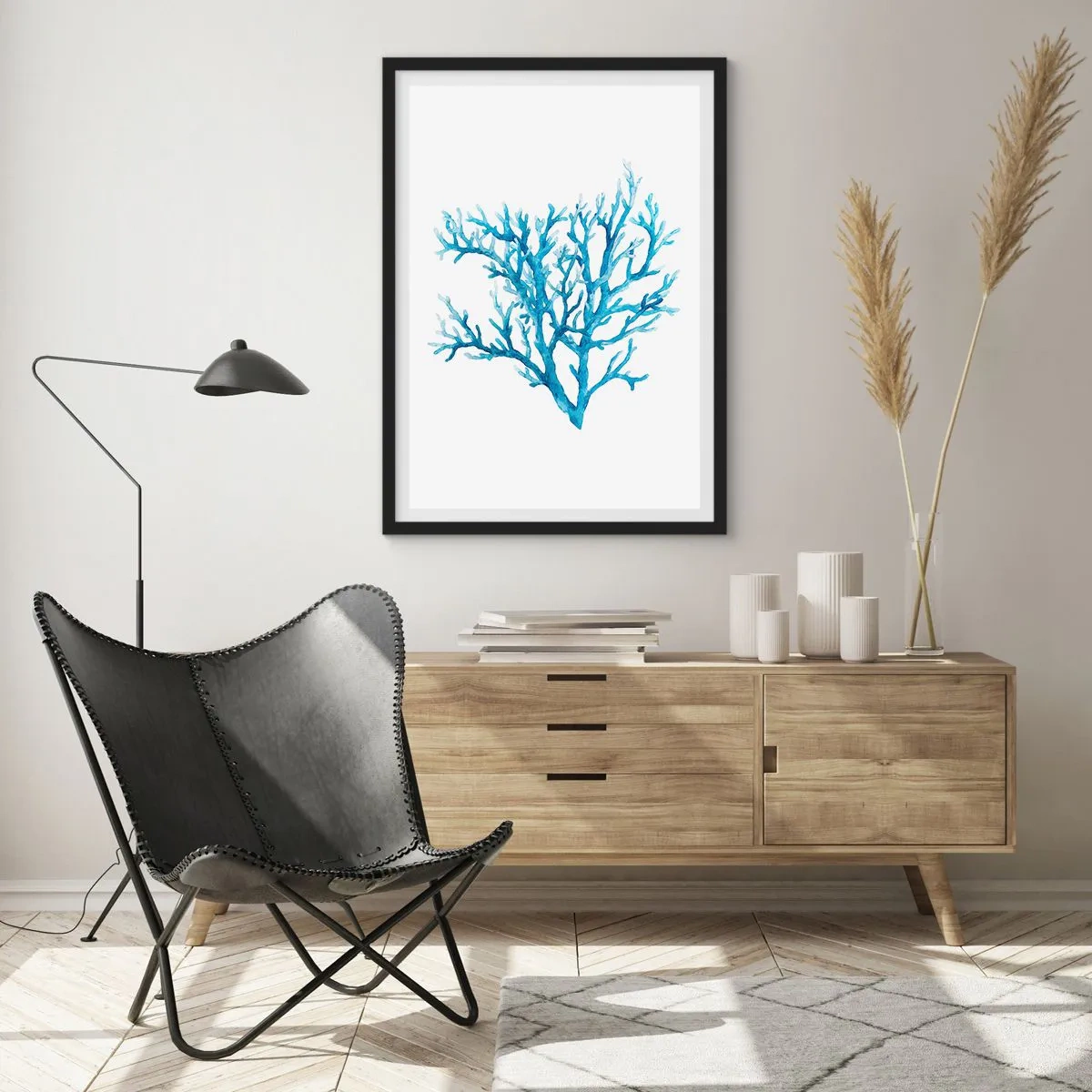 Poster în ramă neagră - Coral albastru în stil acuarelă pe fundal alb - 50x70cm - Filigranul marin - Decorațiune modernă pentru perete pentru living și dormitor ARTTOR