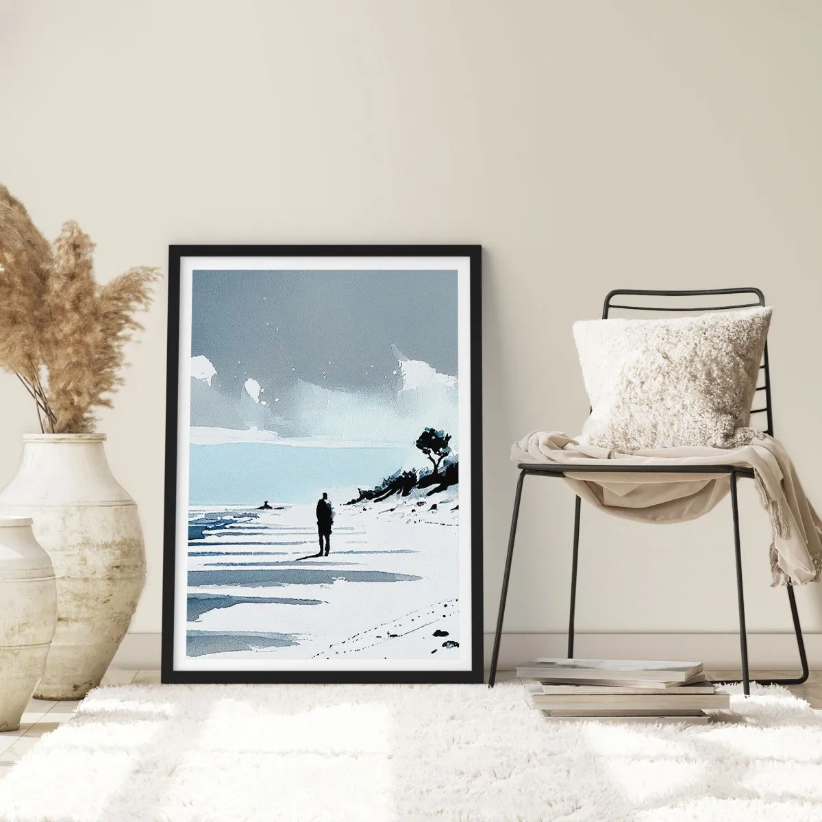 Poster în ramă neagră - O figură singuratică pe plajă în tonuri de acuarelă - 50x70cm - Singuratic - Decorațiune modernă pentru perete pentru living și dormitor ARTTOR