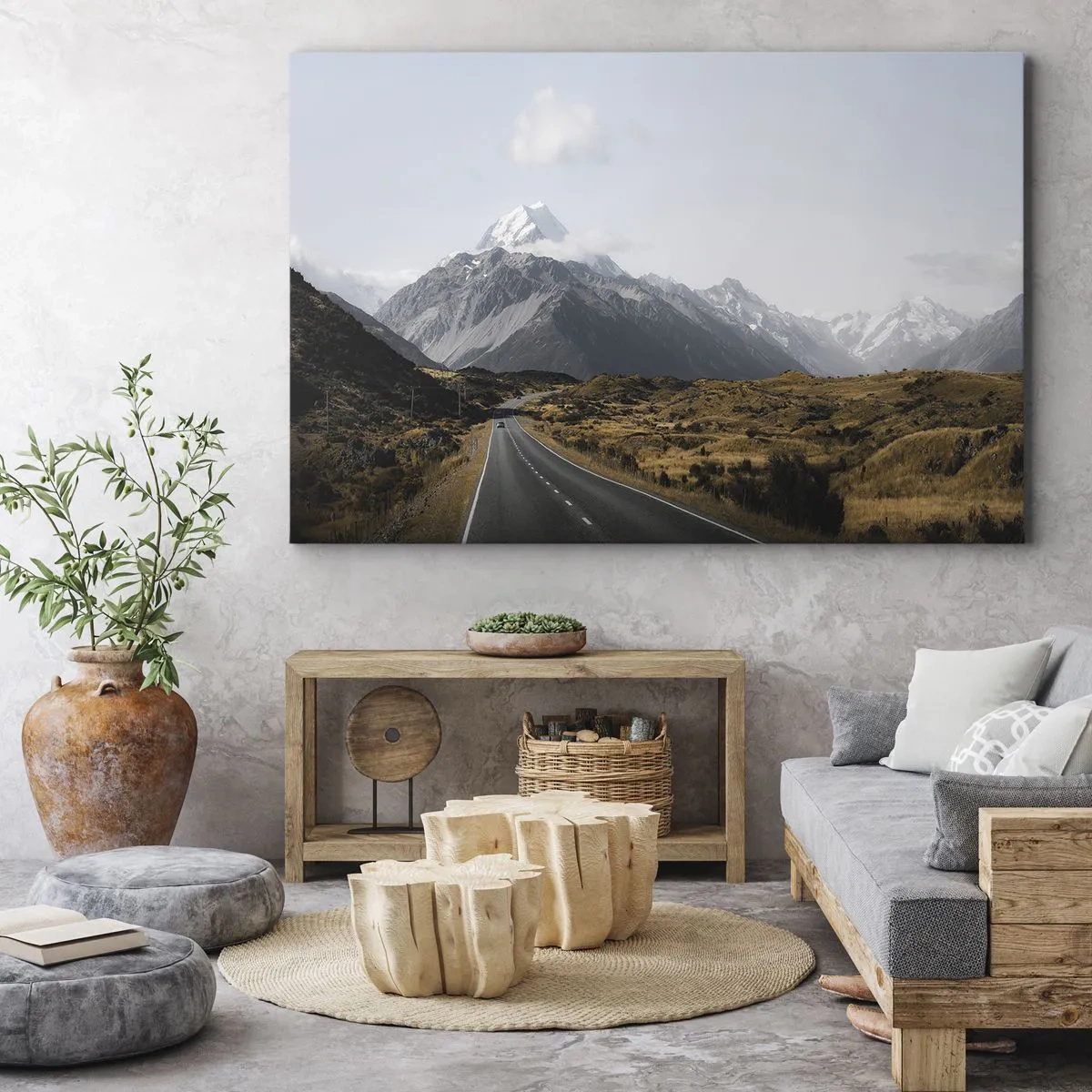 Tablou pe pânză Canvas - Un drum în munți înconjurat de un peisaj pitoresc - 70x50cm - Drumul spre inima munților - Decorațiune modernă pentru perete pentru living și dormitor ARTTOR