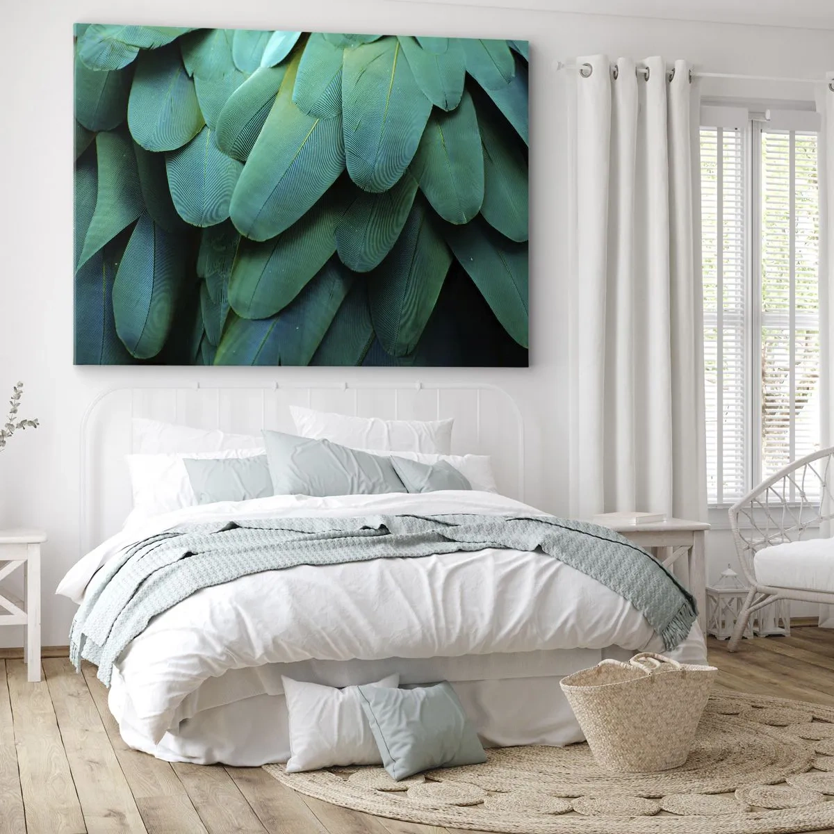 Tablou pe pânză Canvas - Detaliu de pene în nuanțe de verde - 70x50cm - Precizia naturii papagalicești - Decorațiune modernă pentru perete pentru living și dormitor ARTTOR