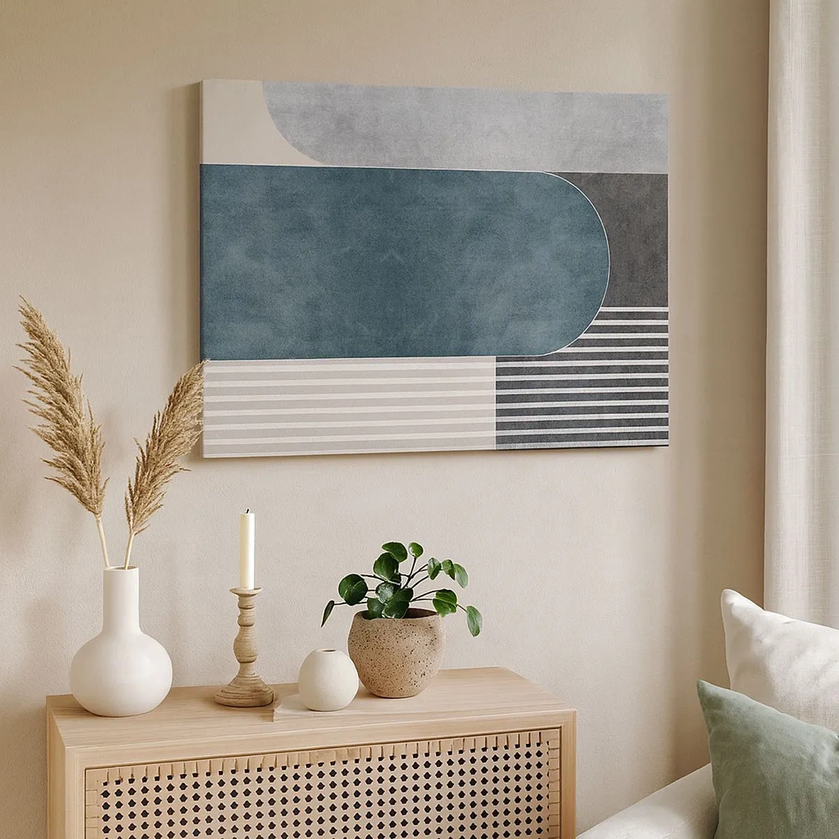 Tablou pe pânză Canvas - Abstracție geometrică în nuanțe de gri și verde - 70x50cm - Compoziție de nivel - Decorațiune modernă pentru perete pentru living și dormitor ARTTOR