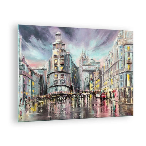 Tablou pe sticlă - O stradă a orașului în ploaie cu o reflexie spectaculoasă a luminilor - 70x50cm - Va fi o seară de succes - Decorațiune modernă pentru perete pentru living și dormitor ARTTOR