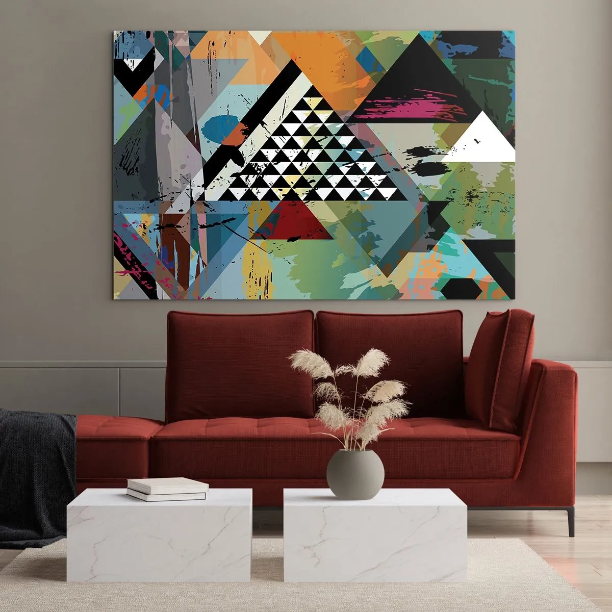 Tablou pe sticlă - Compoziție abstractă de forme geometrice și culori - 70x50cm - Cât de simplu - Decorațiune modernă pentru perete pentru living și dormitor ARTTOR