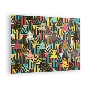 Tablou pe sticlă - O compoziție abstractă cu triunghiuri în culori intense. - 70x50cm - În ritm de trei - Decorațiune modernă pentru perete pentru living și dormitor ARTTOR