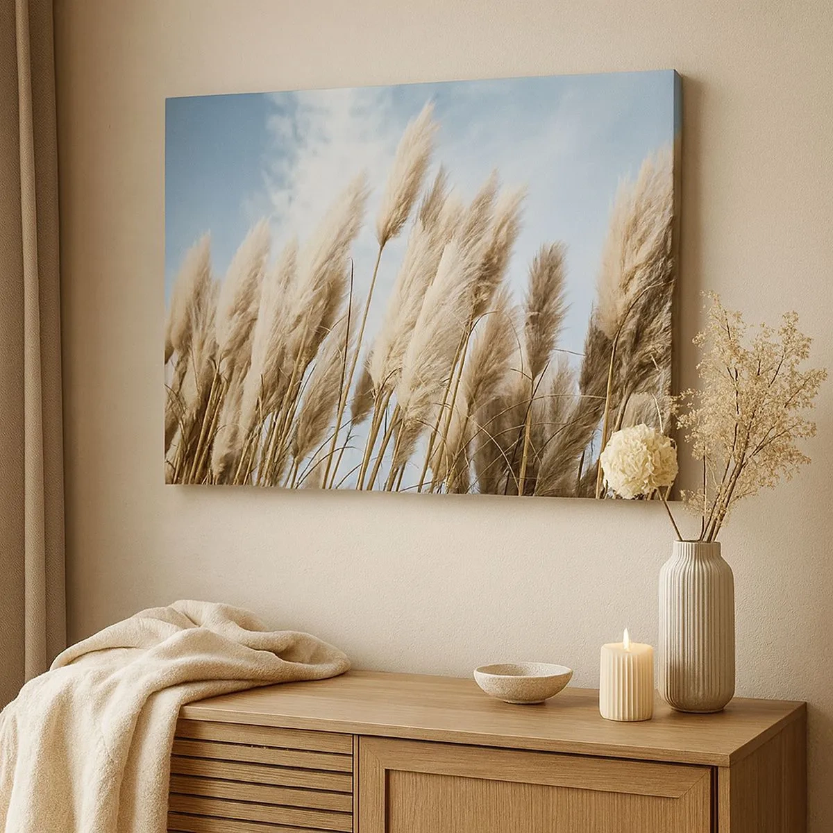 Tablou pe pânză Canvas - Ierburi delicate de pampas pe un cer albastru cu nori ușori - 70x50cm - Mângâiere însorită și vântoasă - Decorațiune modernă pentru perete pentru living și dormitor ARTTOR