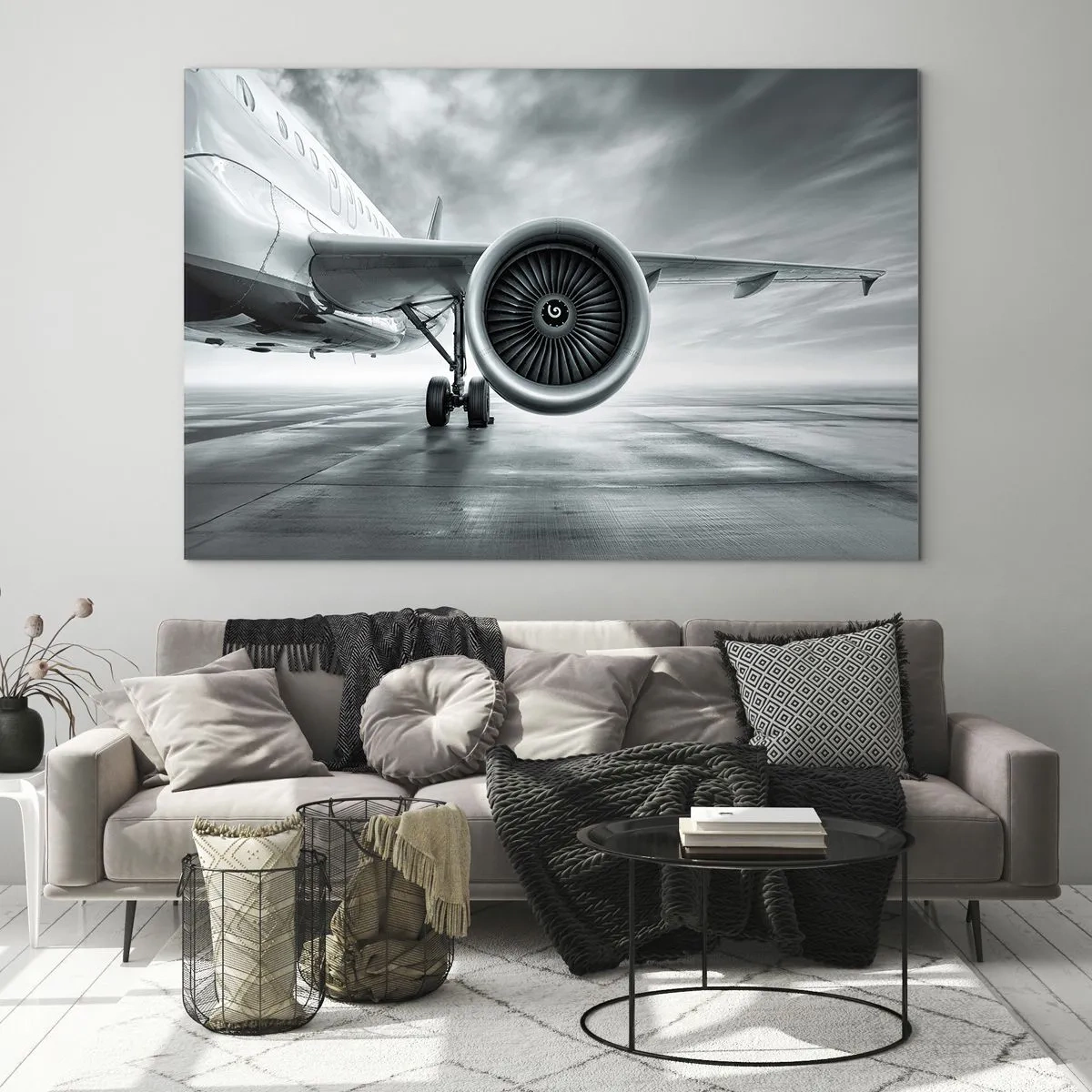 Tablou pe sticlă - Turbina unui avion de pasageri pe pistă în zori - 70x50cm - Ce putere! - Decorațiune modernă pentru perete pentru living și dormitor ARTTOR