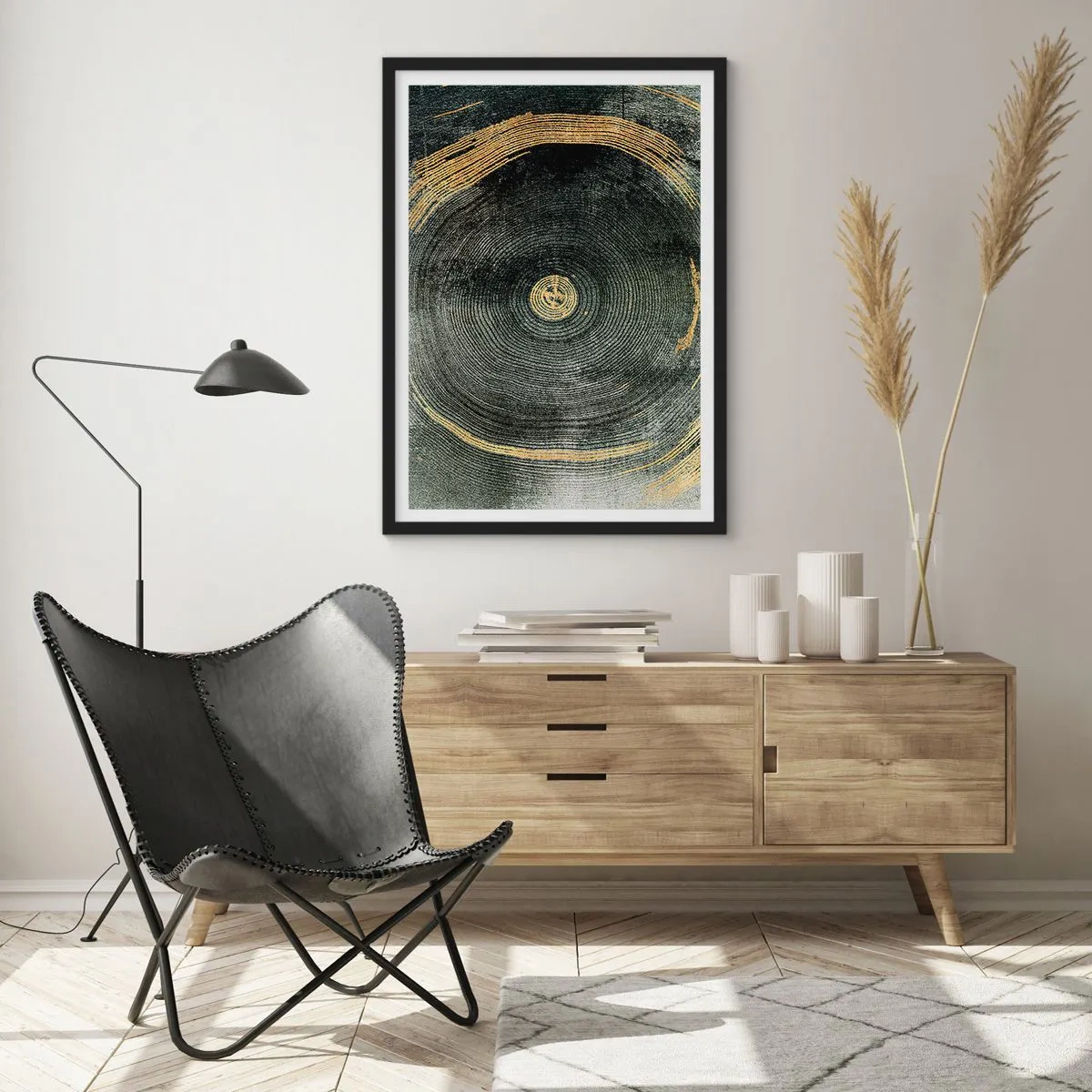 Poster în ramă neagră - Fibre abstracte ale lemnului în tonuri de auriu și negru - 50x70cm - Schimbare și persistență - Decorațiune modernă pentru perete pentru living și dormitor ARTTOR