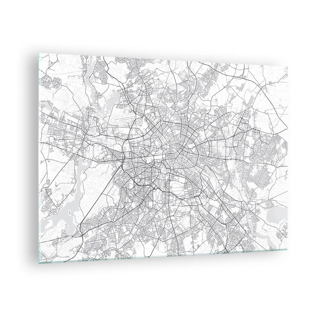 Tablou pe sticlă - Hartă alb-negru a Berlinului cu o dispunere geometrică a străzilor - 70x50cm - Floare de Berlin - Decorațiune modernă pentru perete pentru living și dormitor ARTTOR
