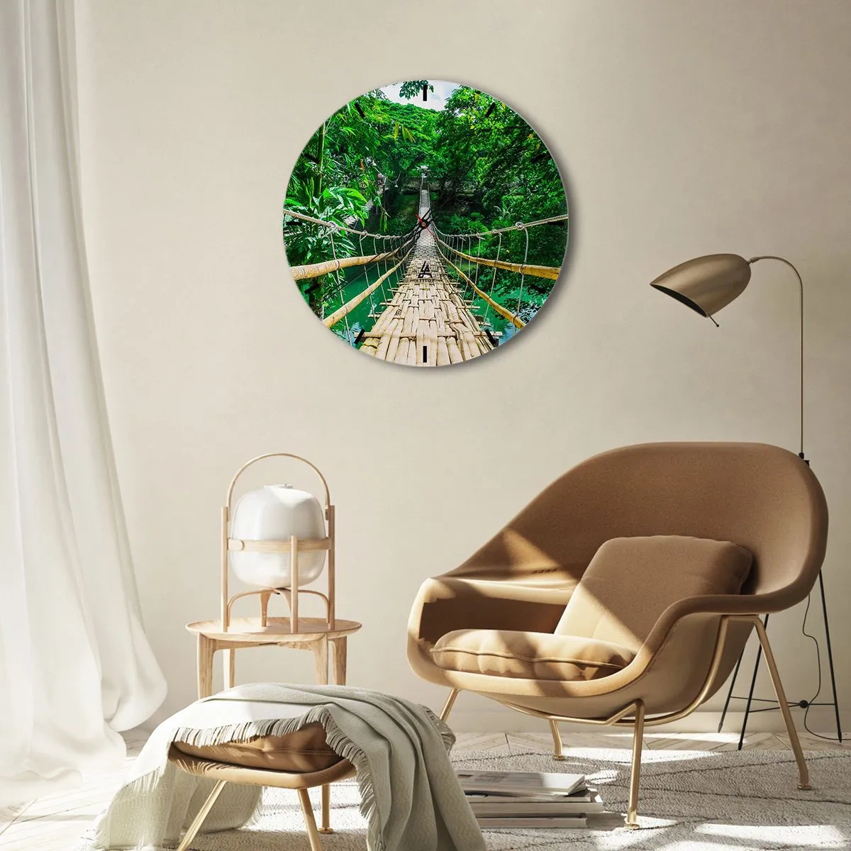 Ceas de perete - Ceas pe sticlă - Un pod de frânghie de bambus în vegetație tropicală peste un râu - 30x30cm - Pod de maimuțe peste verdeață - Decorațiune modernă pentru perete pentru living, bucătărie și dormitor ARTTOR