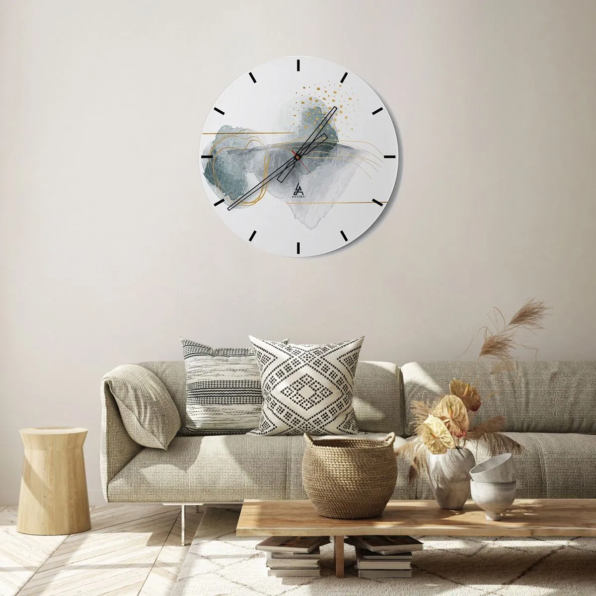 Ceas de perete - Ceas pe sticlă - Forme abstracte pastelate cu linii și puncte aurii pe fundal alb. - 30x30cm - Despre relația dintre gri și auriu - Decorațiune modernă pentru perete pentru living, bucătărie și dormitor ARTTOR