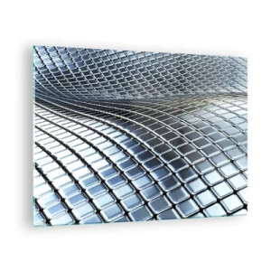 Tablou pe sticlă - Suprafață abstractă cu pătrate metalice strălucitoare - 70x50cm - Val metalic argintiu - Decorațiune modernă pentru perete pentru living și dormitor ARTTOR