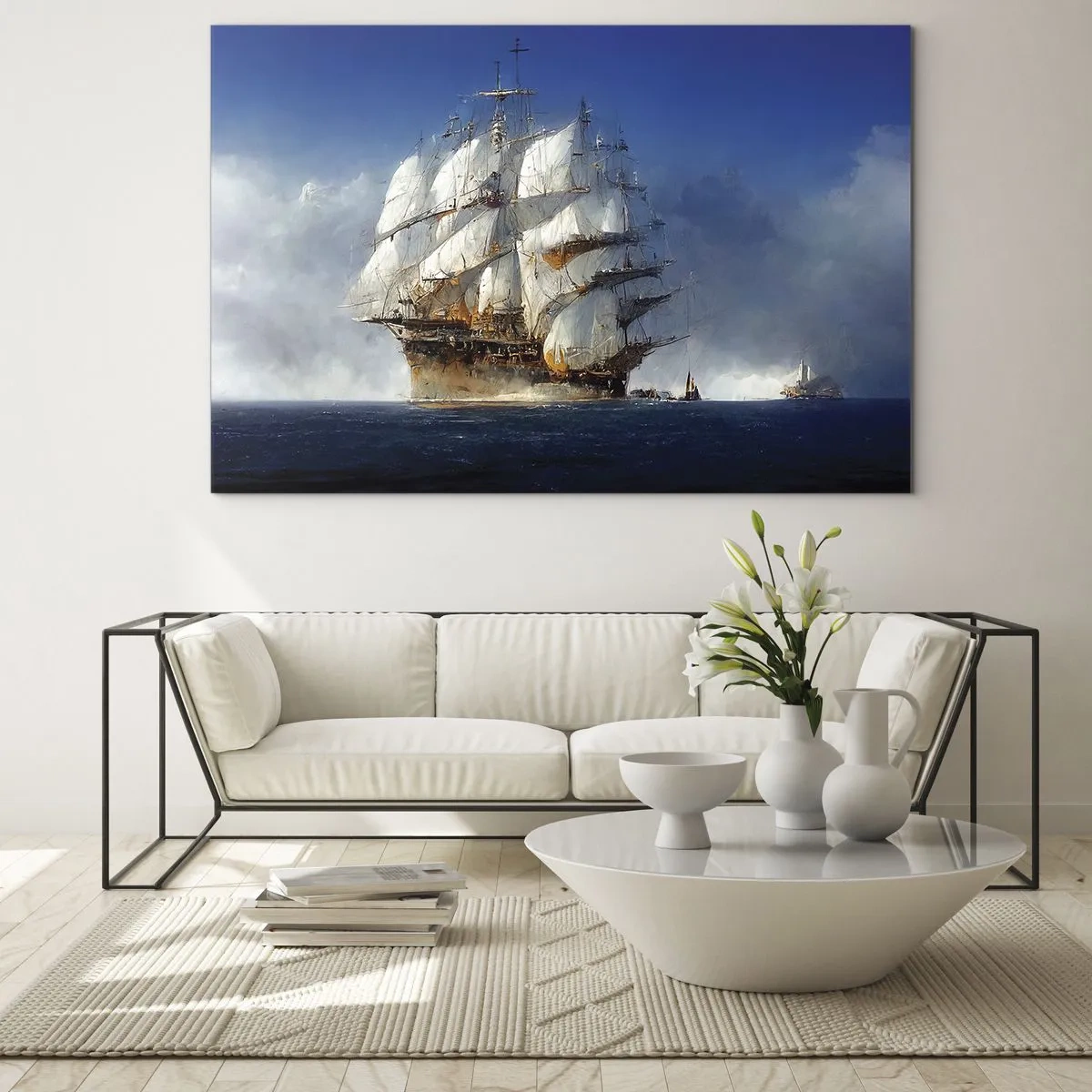 Tablou pe sticlă - O navă cu pânze în largul mării, în mijlocul ceții marine - 70x50cm - The great glory! - Decorațiune modernă pentru perete pentru living și dormitor ARTTOR