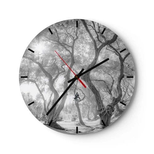 Ceas de perete - Ceas pe sticlă - Copaci alb-negri în lumina soarelui în pădure - 30x30cm - Într-o livadă de măslini - Decorațiune modernă pentru perete pentru living, bucătărie și dormitor ARTTOR