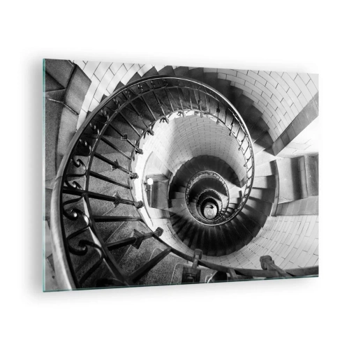 Tablou pe sticlă - Fotografie alb-negru a unei scări în spirală în perspectivă - 70x50cm - Din ce în ce mai sus - Decorațiune modernă pentru perete pentru living și dormitor ARTTOR