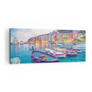 Tablou pe pânză - O seară plină de culoare în port - 100x40 cm