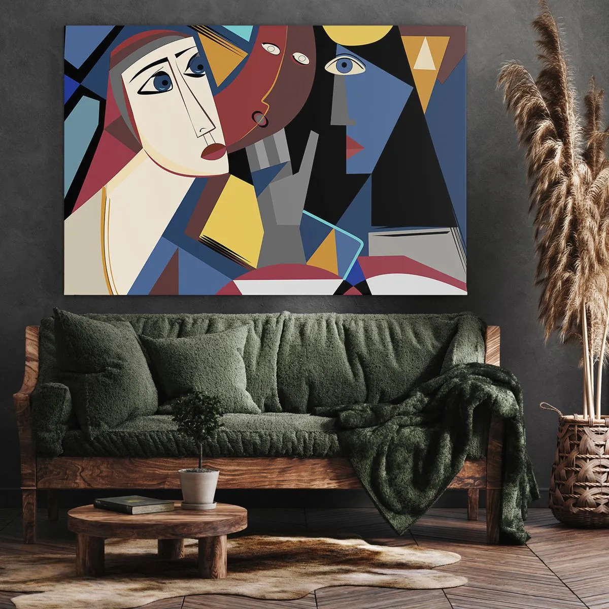 Tablou pe pânză Canvas - Fețe cubiste în culori intense - 70x50cm - Discuția cubiștilor - Decorațiune modernă pentru perete pentru living și dormitor ARTTOR