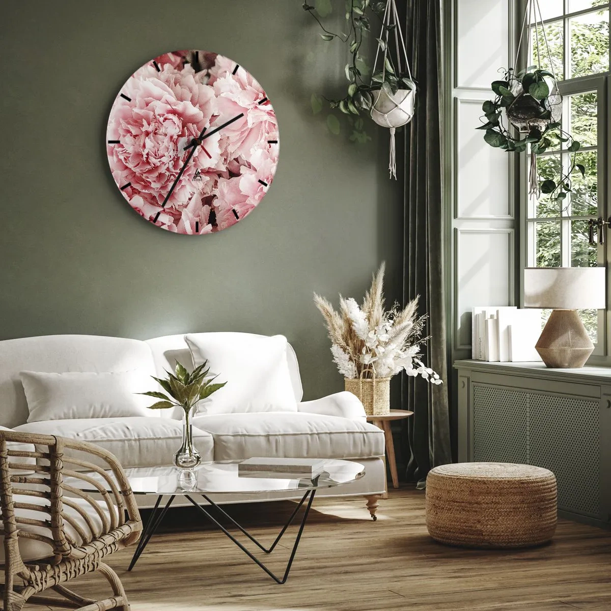 Ceas de perete - Ceas pe sticlă - Un prim-plan al bujorilor roz luxurianți în plină floare - 30x30cm - Visul roz - Decorațiune modernă pentru perete pentru living, bucătărie și dormitor ARTTOR