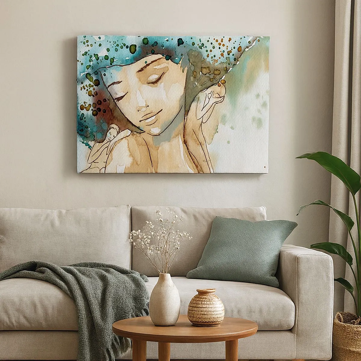 Tablou pe pânză Canvas - Portretul unei femei în culori delicate de acuarelă - 70x50cm - Lady în albastru - Decorațiune modernă pentru perete pentru living și dormitor ARTTOR