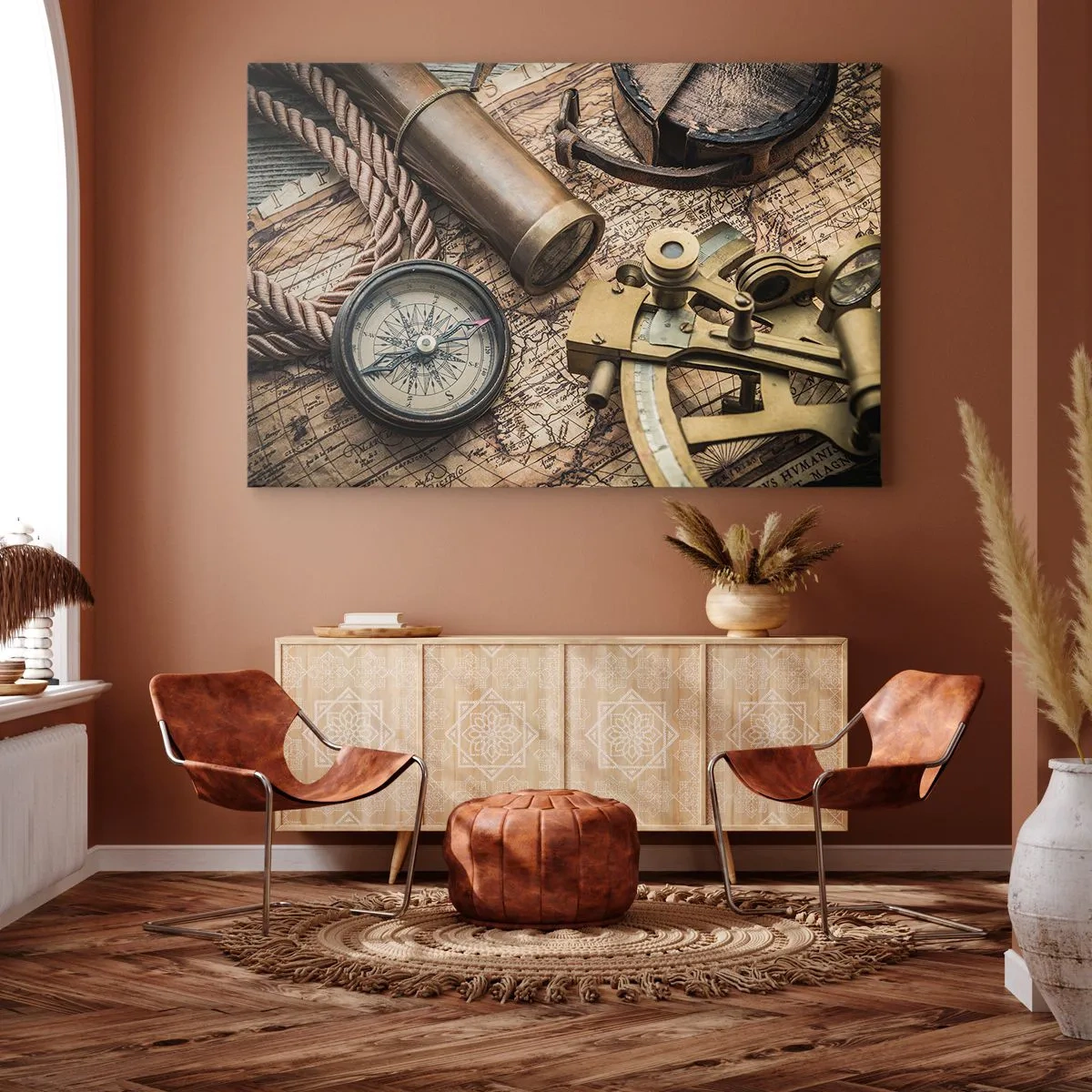 Tablou pe pânză Canvas - O busolă, un sextant și un telescop pe fundalul unei hărți vechi și al unei frânghii nautice. - 70x50cm - Stabilește cursul - Decorațiune modernă pentru perete pentru living și dormitor ARTTOR