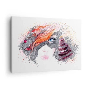Tablou pe pânză Canvas - Portret artistic al unei femei cu detalii și un accent roșu - 70x50cm - Cu ea fiecare zi e o sărbătoare - Decorațiune modernă pentru perete pentru living și dormitor ARTTOR