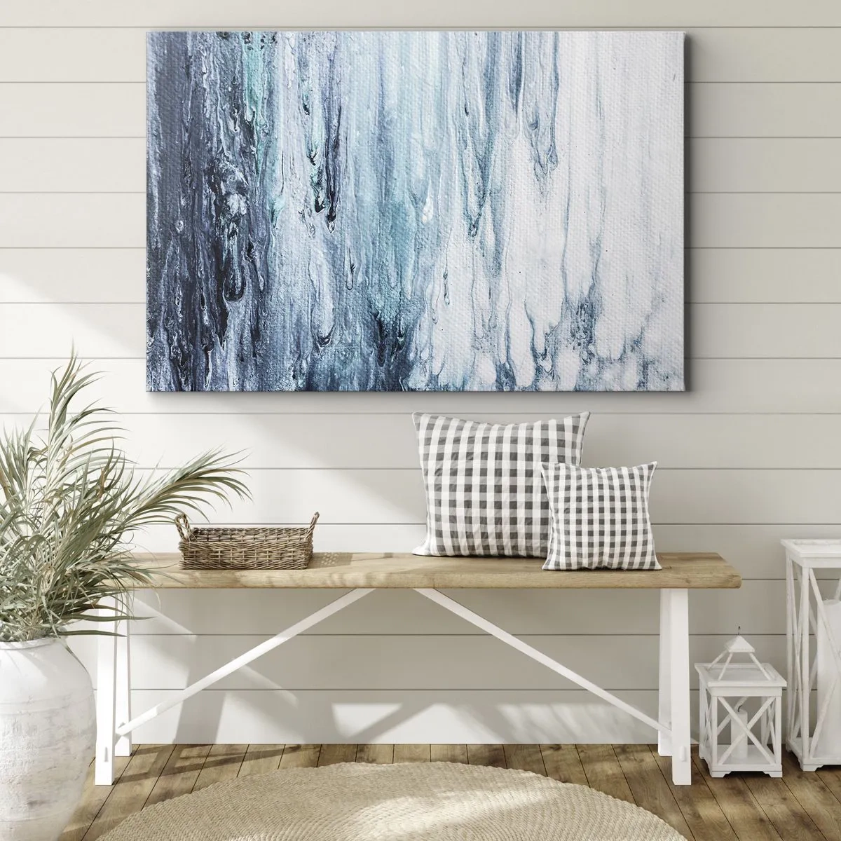 Tablou pe pânză Canvas - Dungi abstracte albastre și albe care seamănă cu țurțuri - 70x50cm - Țurțuri de albastru - Decorațiune modernă pentru perete pentru living și dormitor ARTTOR