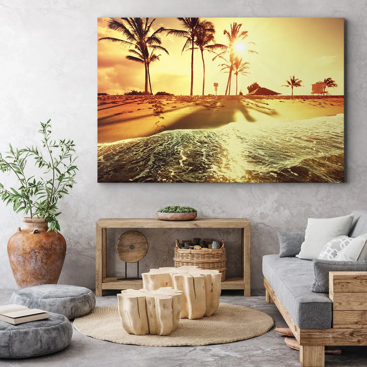 Tablou pe pânză Canvas - O plajă cu palmieri iluminați de un apus de soare cald - 70x50cm - California după-amiază - Decorațiune modernă pentru perete pentru living și dormitor ARTTOR