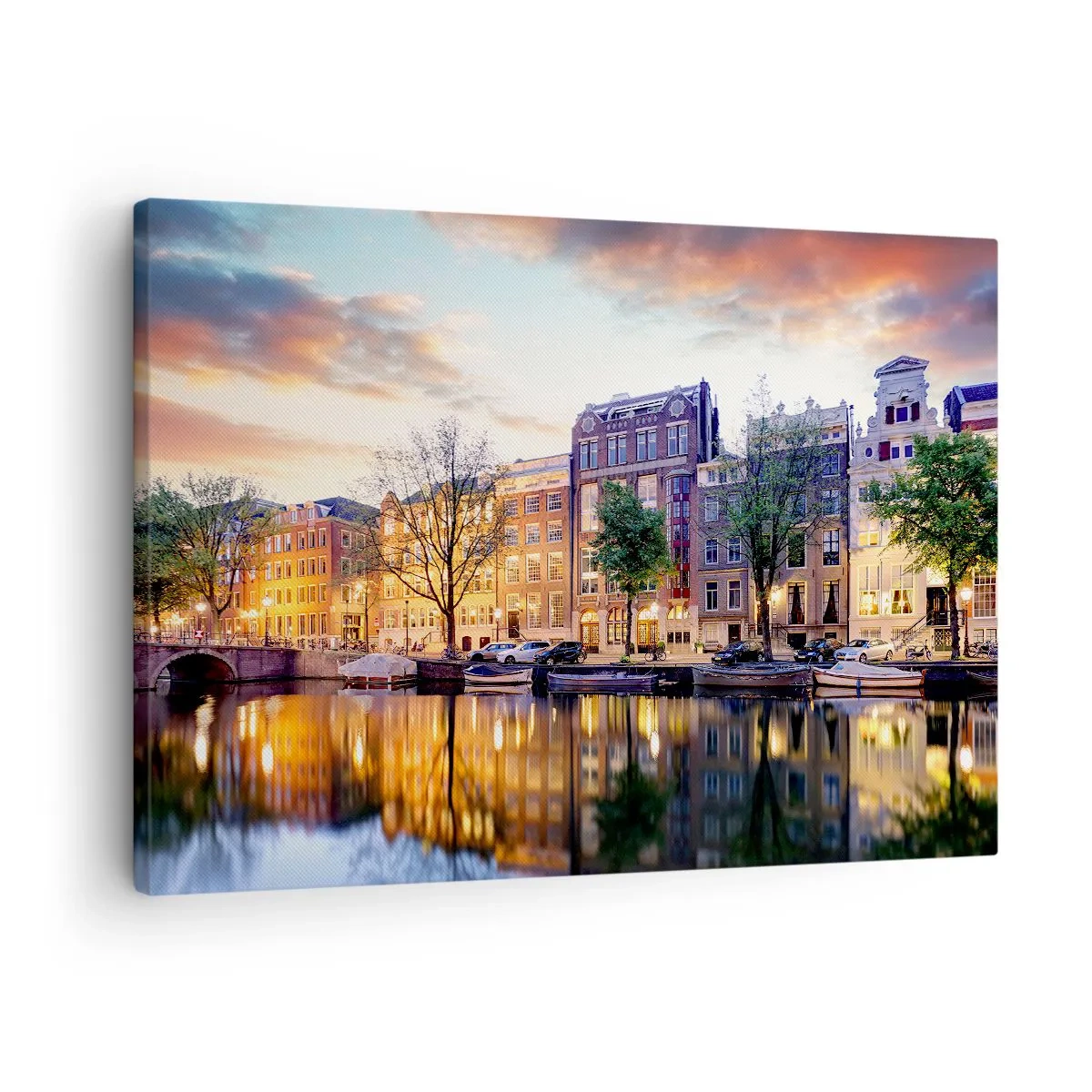 Tablou pe pânză Canvas - Canal cu reflexia caselor de locuit în lumina serii - 70x50cm - Frumusețe olandeză sobră și calmă - Decorațiune modernă pentru perete pentru living și dormitor ARTTOR