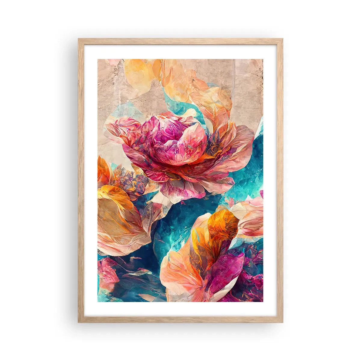 Poster în ramă de stejar deschis - Splendoarea colorată a buchetului de flori - 50x70 cm