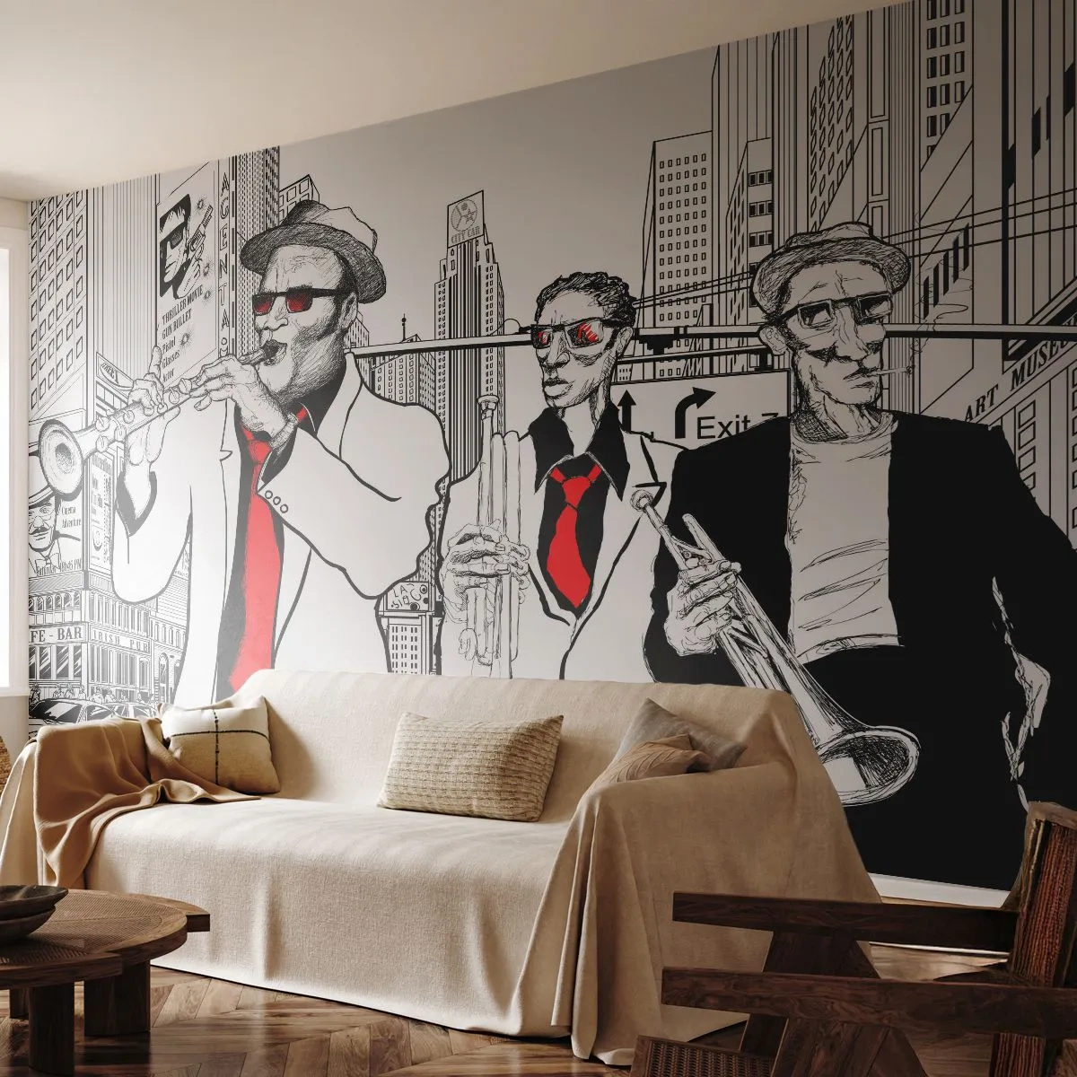 Tapet Autoadeziv Deluxe Sticker - Rapsodie urbană în negru și roșu - New York, Jazz, Muzică - 250x175 cm