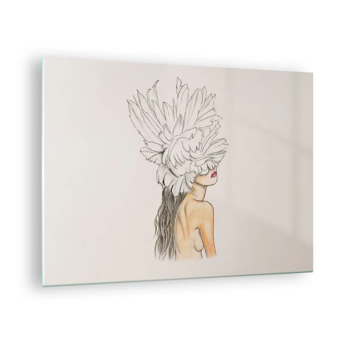 Tablou pe sticlă - Un desen al unei femei cu părul lung și o coroană din pene mari - 70x50cm - Frumusețe încoronată - Decorațiune modernă pentru perete pentru living și dormitor ARTTOR