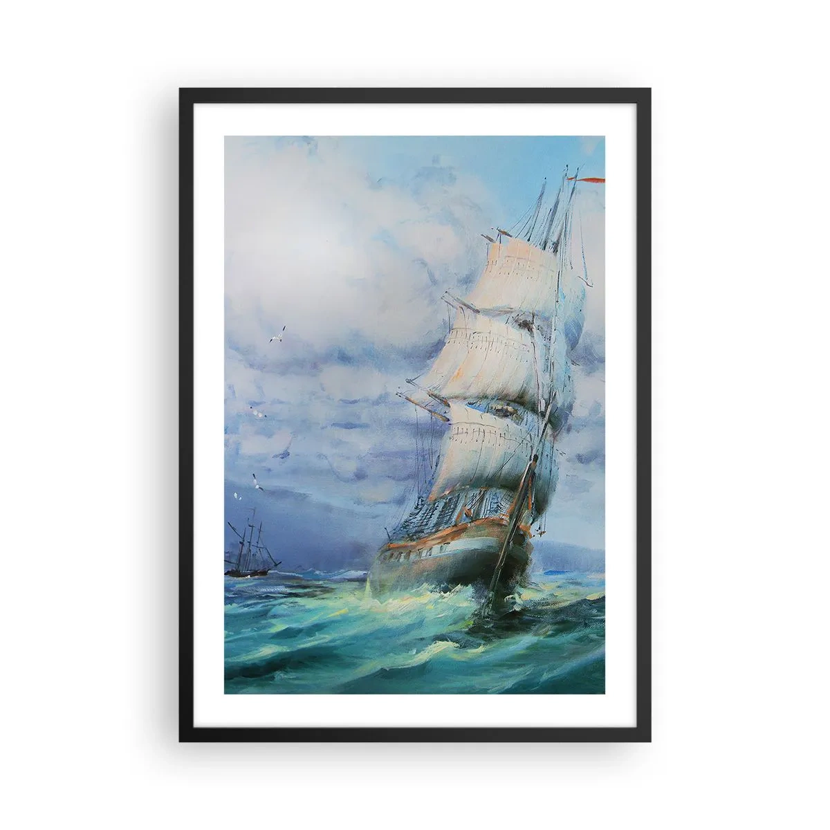 Poster în ramă neagră - O corabie cu pânze pe o mare furtunoasă în acuarelă - 50x70cm - Vânturi bune - Decorațiune modernă pentru perete pentru living și dormitor ARTTOR