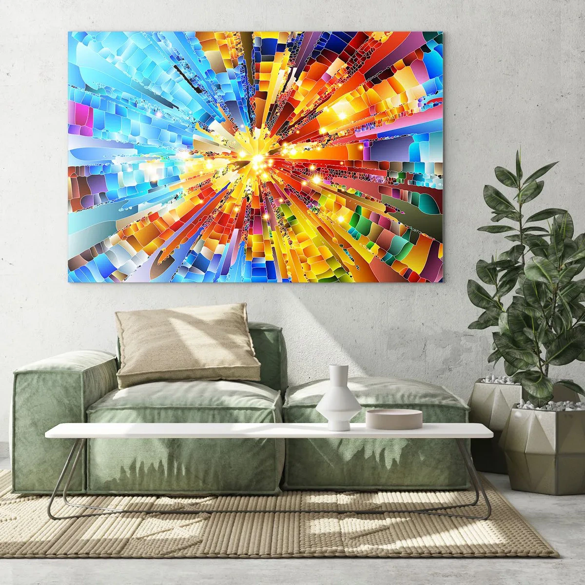 Tablou pe sticlă - O explozie abstractă de culoare într-o compoziție dinamică, geometrică. - 70x50cm - In medias res - Decorațiune modernă pentru perete pentru living și dormitor ARTTOR