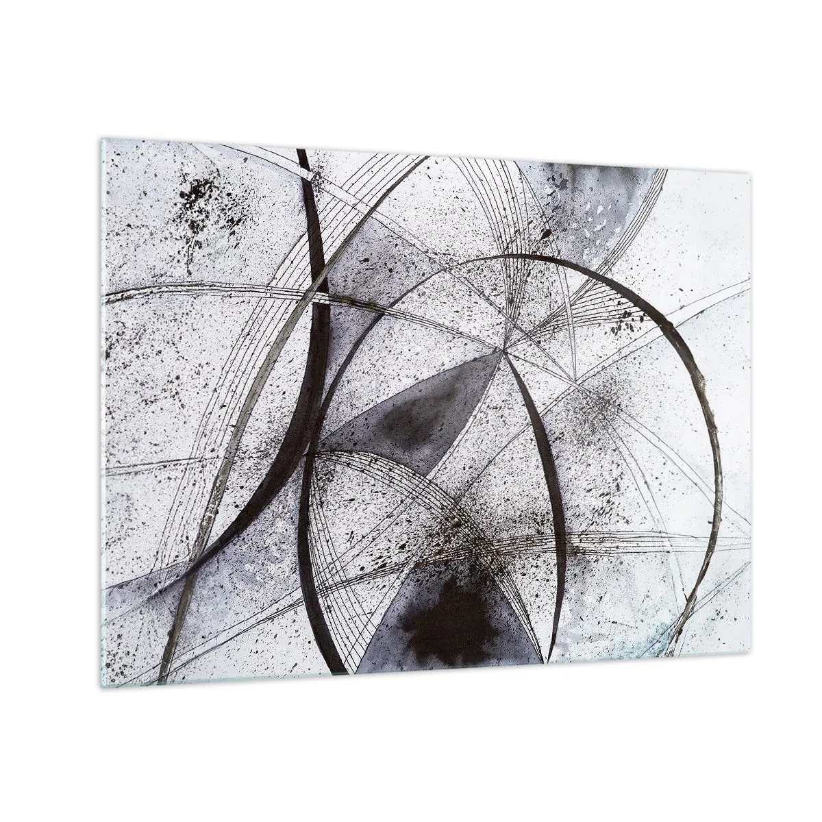 Tablou pe sticlă - O compoziție alb-negru de linii care se intersectează și arcuri geometrice. - 70x50cm - O fantezie futuristă - Decorațiune modernă pentru perete pentru living și dormitor ARTTOR