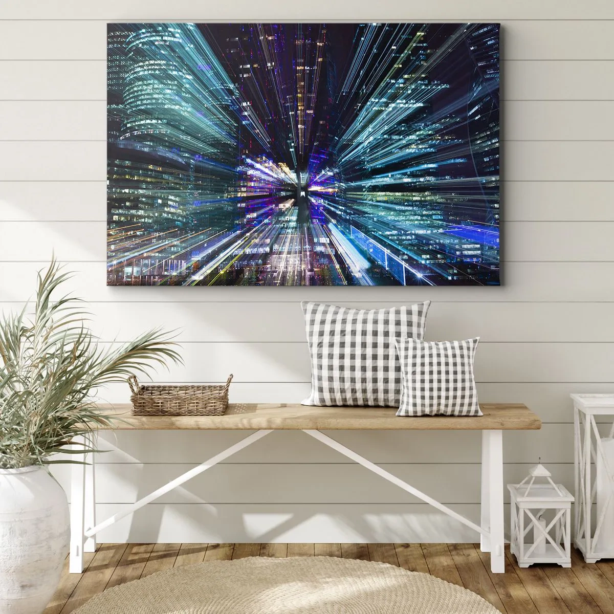 Tablou pe pânză Canvas - Vedere dinamică a orașului noaptea cu efect de iluminare - 70x50cm - Trecere către hiperspațiu - Decorațiune modernă pentru perete pentru living și dormitor ARTTOR