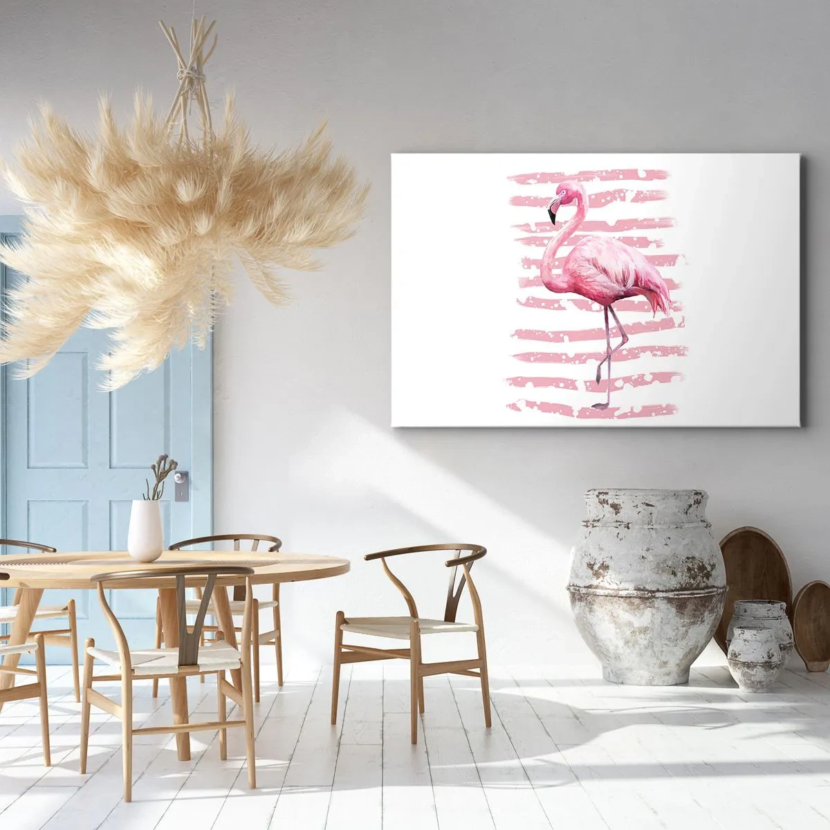 Tablou pe pânză Canvas - Flamingo pe fundal roz în stil minimalist - 70x50cm - Cu demnitate, chiar dacă în roz - Decorațiune modernă pentru perete pentru living și dormitor ARTTOR