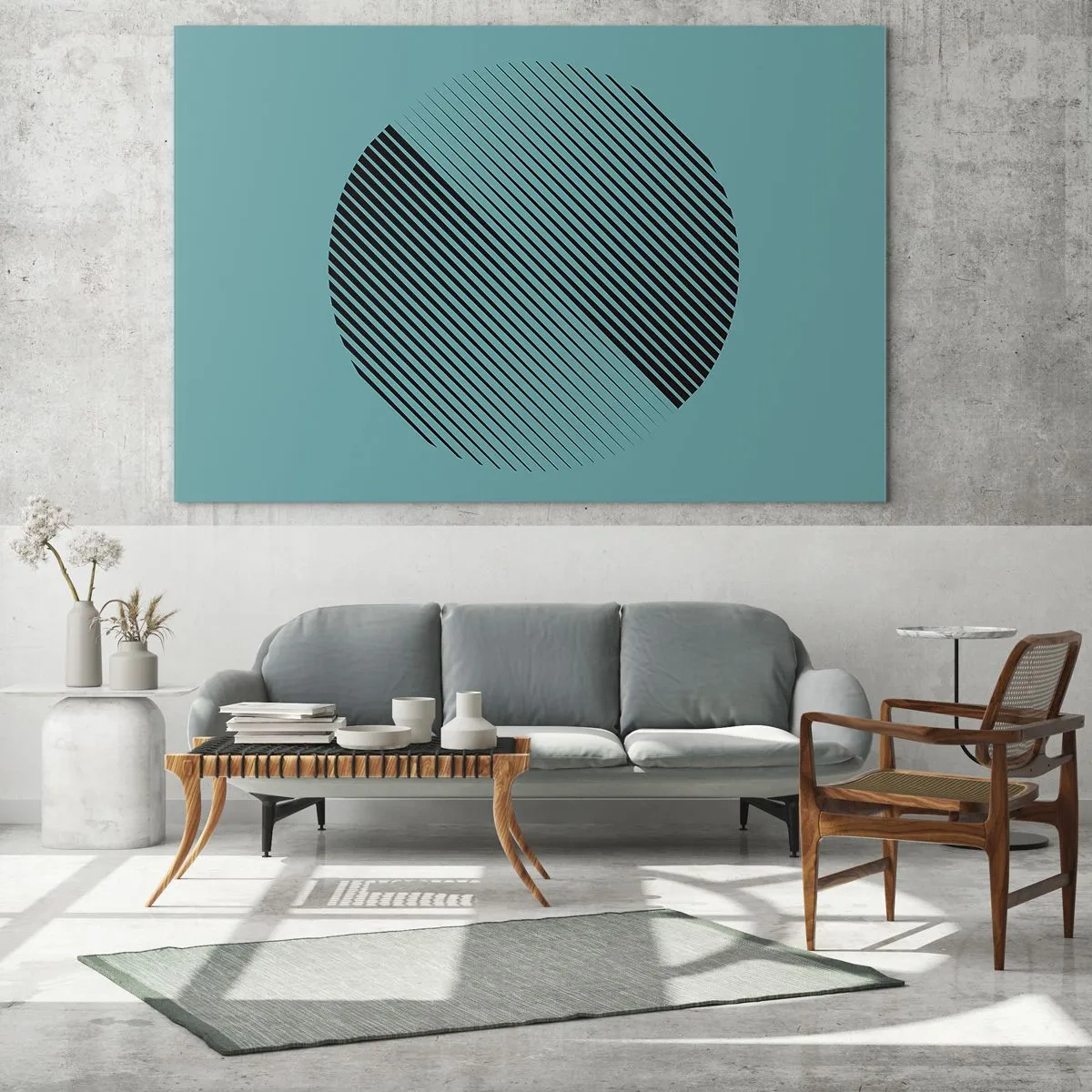 Tablou pe sticlă - Linii negre care formează un cerc pe un fundal turcoaz - 70x50cm - Cercul - o variație geometrică - Decorațiune modernă pentru perete pentru living și dormitor ARTTOR
