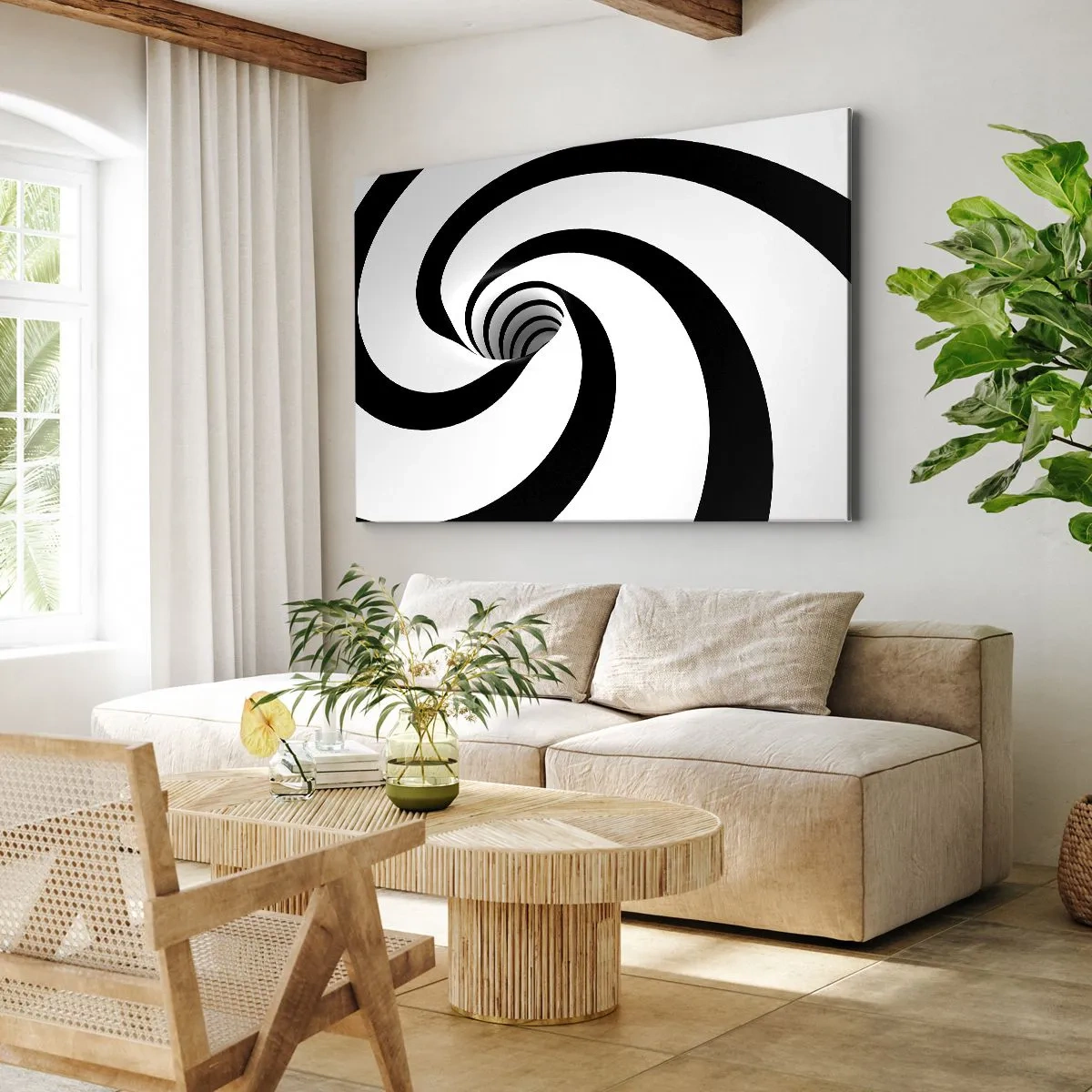 Tablou pe pânză Canvas - Spirală abstractă alb-negru cu efect de vârtej - 70x50cm - Să te predai vortexului? - Decorațiune modernă pentru perete pentru living și dormitor ARTTOR