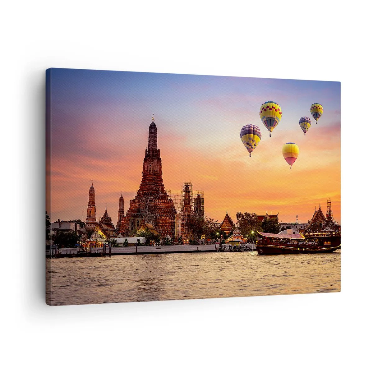 Tablou pe pânză Canvas - Un templu și baloane pe fundalul apusului de soare peste râu - 70x50cm - Aici se nasc basmele - Decorațiune modernă pentru perete pentru living și dormitor ARTTOR