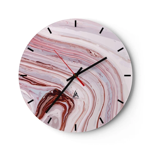 Ceas de perete - Ceas pe sticlă - Valuri abstracte în nuanțe de roz și roșu pe un fundal deschis - 30x30cm - Drept înainte, apoi dreapta jos - Decorațiune modernă pentru perete pentru living, bucătărie și dormitor ARTTOR