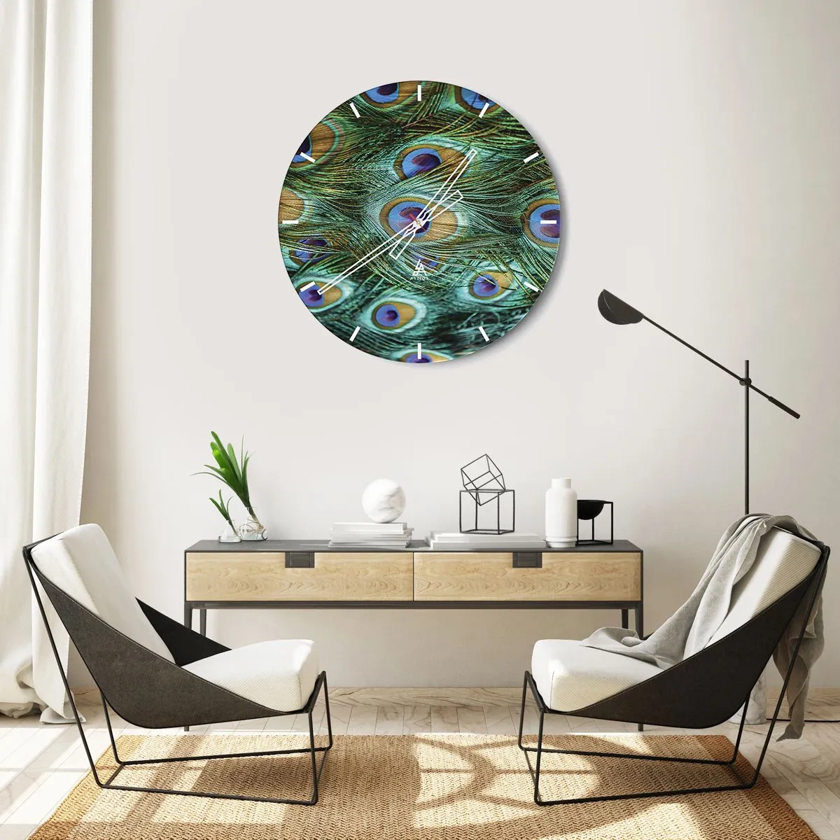 Ceas de perete - Ceas pe sticlă - O privire cu ochi de păun - 30x30 cm